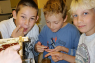 Drei Schüler probieren selbstgeernteten Honig