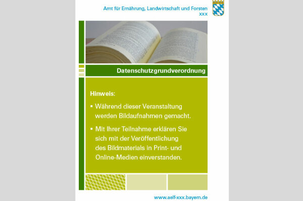 Abbildung des Plakats mit Foto eines aufgeschlagenen Buchs und Überschrift Datenschutzgrundverordnung